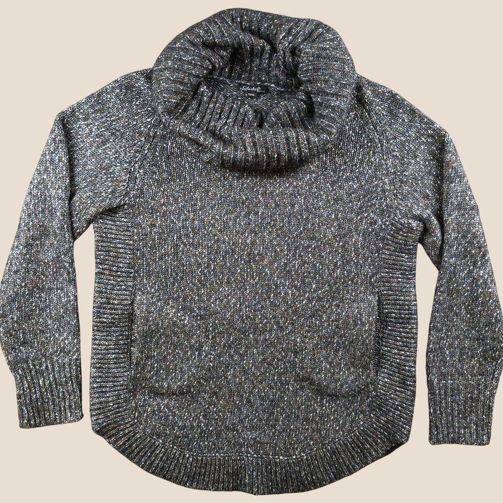 Charlie B Sweater Women XL Gray Marled Cowl Neck Pockets Curved Hem Cozy Warm